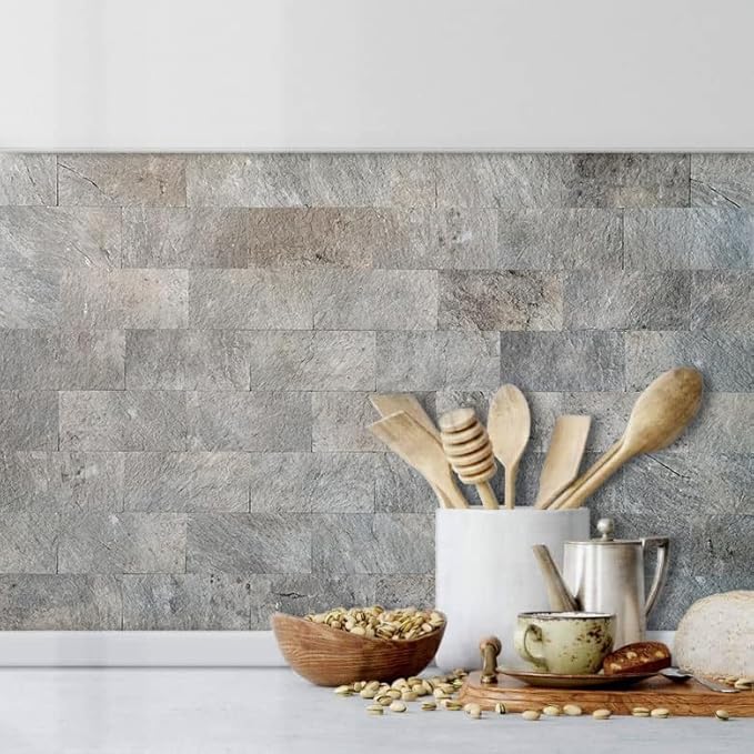 AULIGET 4 Pieces Mountain Rock Peel and Stick Backsplash Wall Tile, 3" x 6" PVC Faux Stone Stick on Tiles for Backsplash Kitchen and Bathroom, 4 Pieces