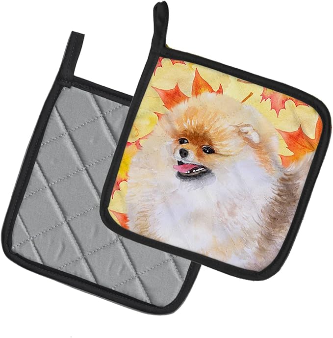 Caroline's Treasures BB9943PTHD Pomeranian Fall Pair of Pot Holders, Yellow Kitchen Heat Resistant Pot Holders Sets Oven Hot Pads for Cooking Baking BBQ, 7 1/2 x 7 1/2