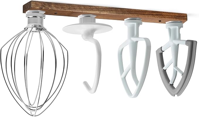 Stand Mixer Attachment Holder, Wood Wall Mounted Holder with 4-Pack Plastic Hangers, Kitchen Accessories Storage Organizer Parts Compatible with Kitchenaid Mixer Attachments for Space-saving, Walnut