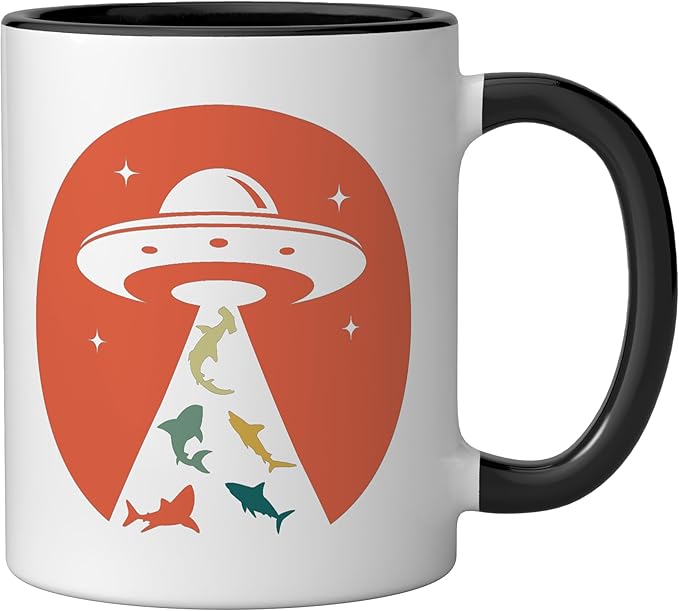 Funny UFO shark lover humor UFO lover flying saucer Ceramic Mug, Black/White