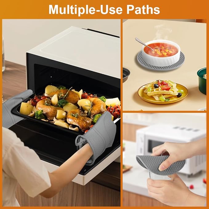 AUAUY Oven Mitts with 2 Potholders, Silicone Oven Gloves Heat Resistant 464°F, Non-Slip Silicone BBQ Gloves, Waterproof Cooking Gloves, Oven Gloves for Barbecue Kitchen Baking Microwave, Grey