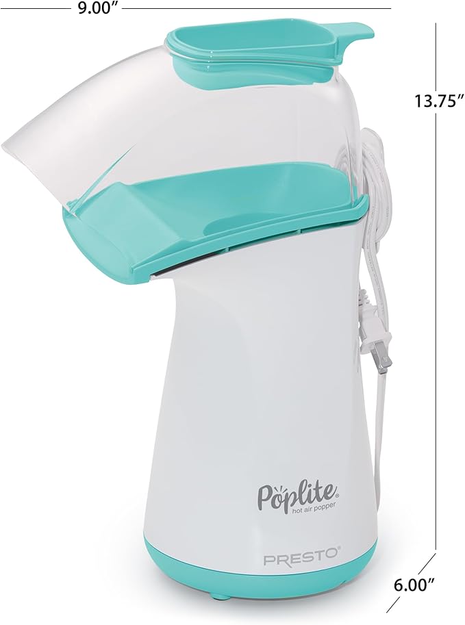 Presto 04869 Poplite Hot Air Popcorn Popper - Built-In Measuring Cup + Melts Butter, Easy to Clean, Built-In Cord Wrap, 18 Cups, Aqua/White