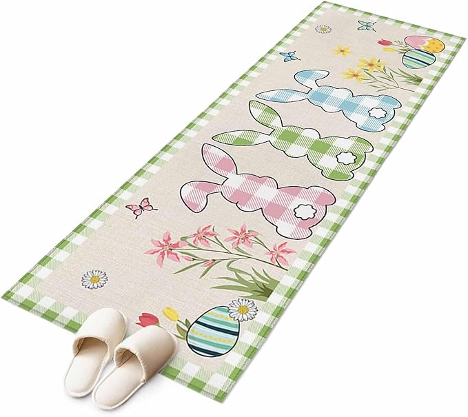 Runner Rug for Bedroom Hallway, Happy Easter Bunny Shadow Flowers Kitchen Runner Rugs Area Rug 2x6ft, Retro Linen Cotton and Grid Washable Soft Floor Carpet for Entryway Stair