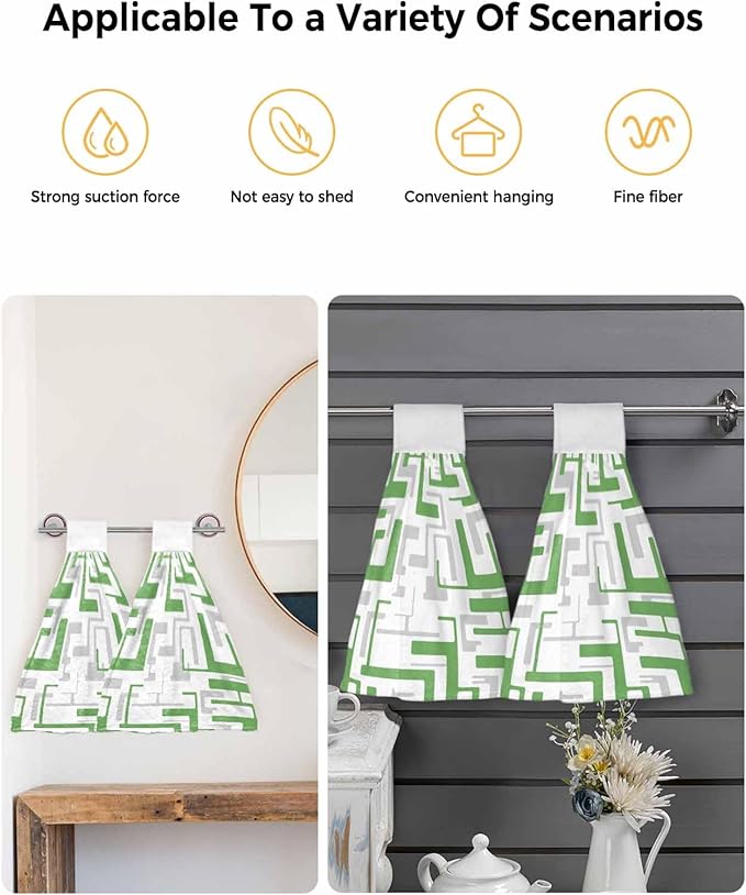 Alandar Home Kitchen Tie Towel Set of 2, Green Gray Stripes on White Absorbent Soft Hand Towels for Bathroom Hanging Towels, Modern Geometric Texture Fast Drying Cleaning Cloth with Loop