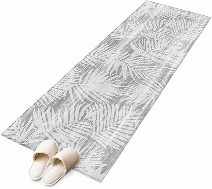 Runner Rug for Bedroom Hallway, Modern Gray Palm Leaves Kitchen Runner Rugs Area Rug 2x6ft, Boho Tropical Leaves Washable Soft Floor Carpet for Entryway Stair