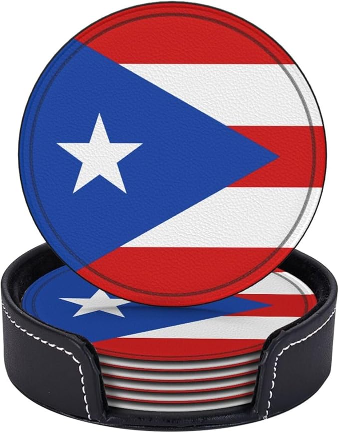 Puerto Rico Flag Leather Drinks Coasters with Holder, Set of 6, Suitable for Various Cups