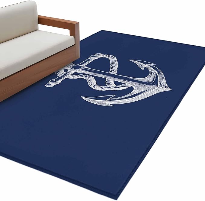 Area Rug 3x5ft, Marine Theme Anchor String Sketch Washable Rugs for Living Room Bedroom, Watercolor Nautical Theme Soft Non-Slip Area Rugs Rectangle Floor Carpet for Dining Room