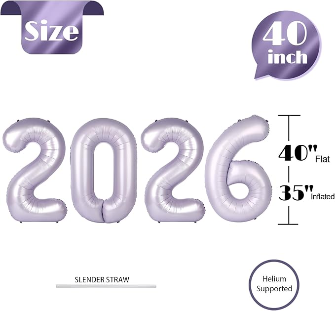 Lilac 2026 Number Balloon, Lilac Number Balloons 40 Inch, 2026 Balloon Birthday Decorations, 2026 Birthday Party Supplies, 2026 Graduation Party Favors, Class of 2026 Decorations
