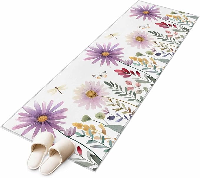 Runner Rug for Bedroom Hallway, Country Field Purple Flowers Kitchen Runner Rugs Area Rug 2x6ft, Farm Floral Art Washable Soft Floor Carpet for Entryway Stair