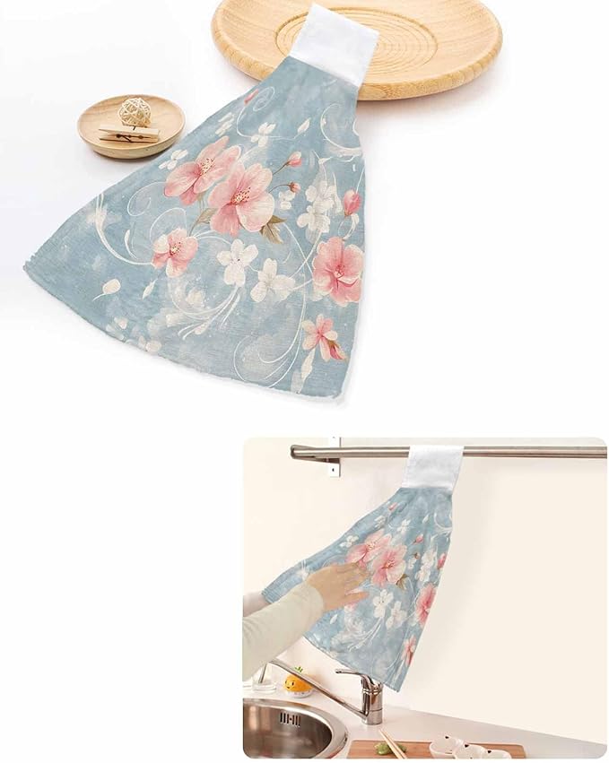 Alandar Home Kitchen Tie Towel Set of 2, Pink Flower Leaves on Blue Linen Absorbent Soft Hand Towels for Bathroom Hanging Towels, Retro Summer Botanical Fast Drying Cleaning Cloth with Loop