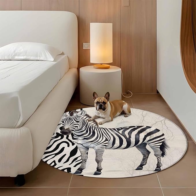 Washable Round Area Rug Zebra Black Stripe Animal Portrait Circle Rugs Floor Carpet for Living Room Bedroom, Vintage Tree Branch Soft Non Slip Round Rug 3ft