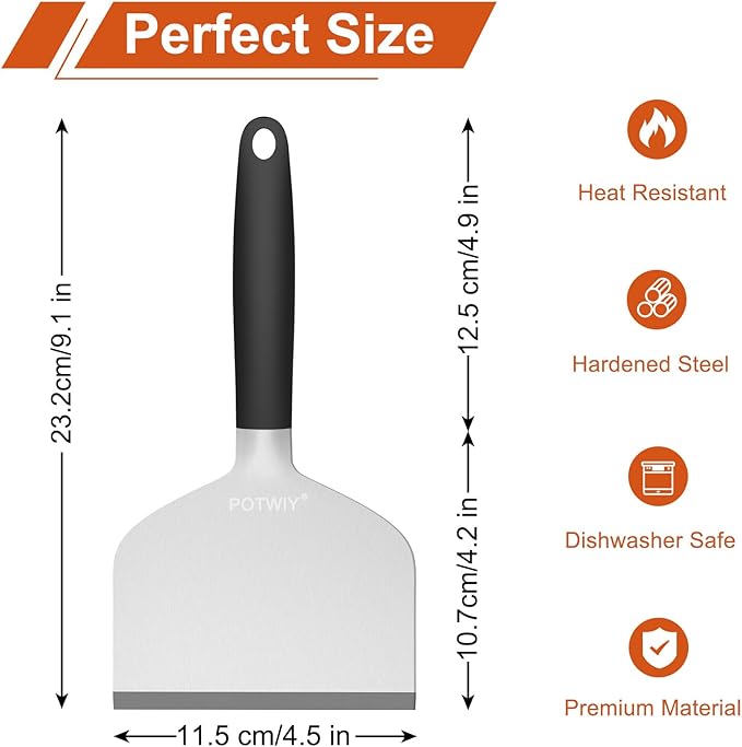 Heavy Duty Griddle Scraper, 4.5" Wide, Sharp Stainless Steel Scraper with Full Tang Silicone Handle, Great BBQ Cleaning Tool for Flat Top Grill & Griddle Cleaning Accessories (1 Pack, Small)