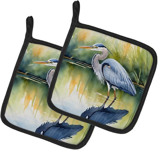 Caroline's Treasures Blue Heron Stalking Prey Pair of Pot Holders Kitchen Heat Resistant Pot Holders Sets Oven Hot Pads for Cooking Baking BBQ, 7 1/2 x 7 1/2