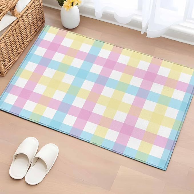 Area Rug 2x3ft, Spring Easter Colorful Lattice Washable Rugs for Living Room Bedroom, Minimalist Buffalo Checker Soft Non-Slip Area Rugs Rectangle Floor Carpet for Dining Room