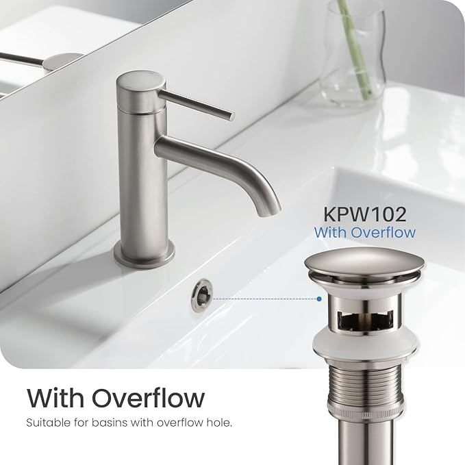 KIBI Bathroom Sink Pop-Up Drain with Overflow (Full Cover) in Brushed Nickel | Lavatory Vanity Drain Stopper | Durable Leak-Proof Sink Drain for Bathroom, Kitchen, and Lavatories (KPW102)