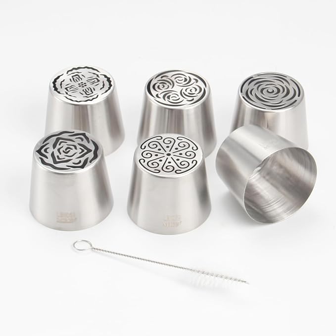 Extra Large Russian Piping Tip Set - 6 Stainless Steel Marshmallow Buttercream Framing Nozzles for 3D Roses Tulip Cake Decorations and Marshmallow Bouquets, Includes 1 Cleaning Brush(6G)