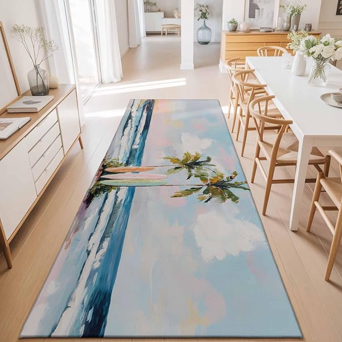Runner Rug for Bedroom Hallway, Summer Blue Ocean Surfboard Kitchen Runner Rugs Area Rug 2x6ft, Tropical Plant Palm Tree Washable Soft Floor Carpet for Entryway Stair