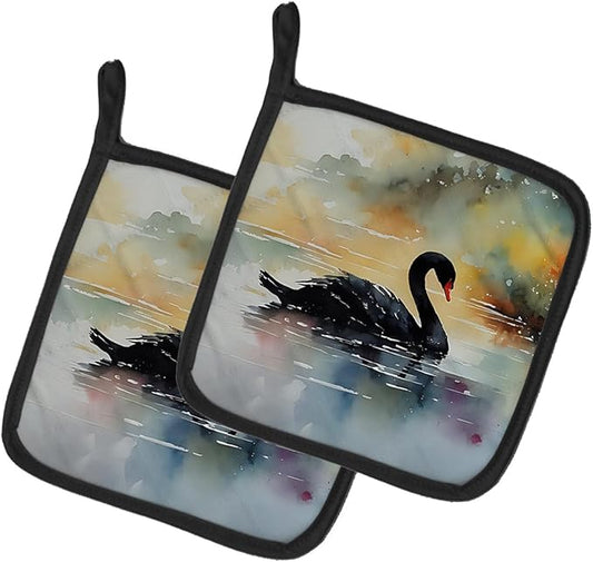 Caroline's Treasures Black Swan Pair of Pot Holders Kitchen Heat Resistant Pot Holders Sets Oven Hot Pads for Cooking Baking BBQ, 7 1/2 x 7 1/2