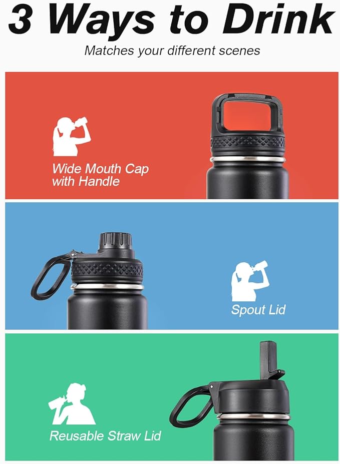 Coolflask Water Bottle 24 oz Insulated with Straw, Stainless Steel Metal 3 Lids Water Flask Wide Mouth for Sports or Office, Non-BPA Keep Cold Up to 48 Hrs or Hot Up to 24 Hrs, Magic Black
