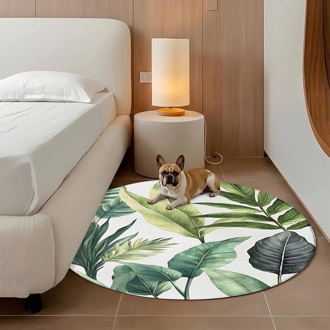 Washable Round Area Rug Summer Green Tropical Palm Leaves Circle Rugs Floor Carpet for Living Room Bedroom, Watercolor Plant Soft Non Slip Round Rug 5ft
