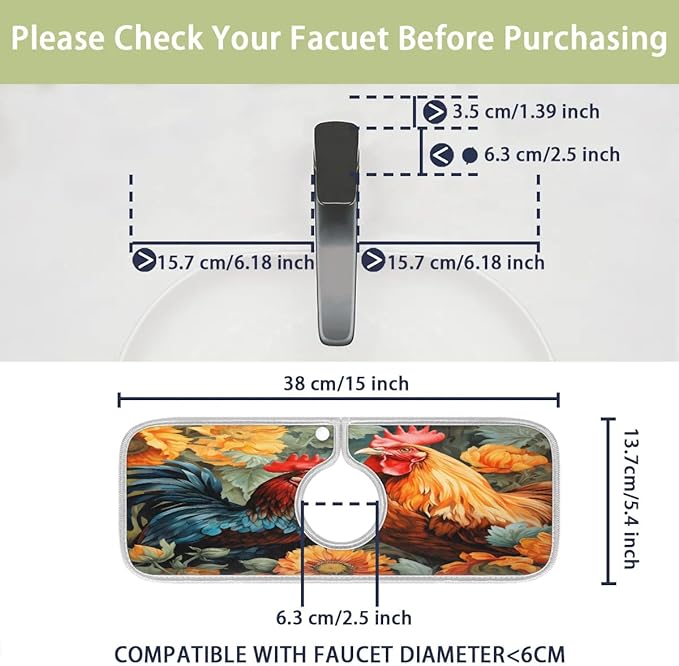 Farmhouse Vintage Rooster Sink Mat for Kitchen Faucet Absorbent Microfiber Faucet Mat Washable Sink Water Splash Guard Drip Catcher for Faucet
