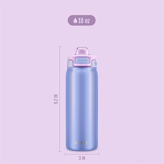 Ello Pop & Fill 18oz Stainless Steel Kids Water Bottle with Quick Fill Lid | Vacuum Insulated BPA Free Bottle with Leak Proof Straw and Chug Lid, Dishwasher Safe, Gift For Kids Teens, Purple Holo