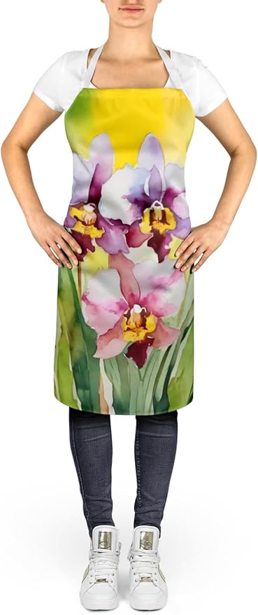 Caroline's Treasures Orchids in Watercolor Apron Cooking Kitchen Server Baking Crafts Gardening for Adult Women Men, Unisex, Large, Multicolor