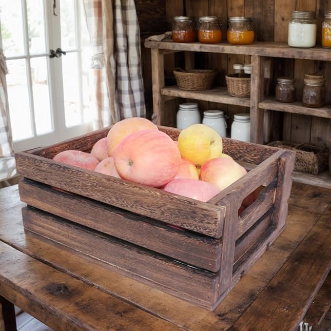 Rustic Vintage Finished 2 Packs Wooden Crate with Handles - Nesting Storage Display Organization Crate for Party Office Bedroom Kitchen and Closet