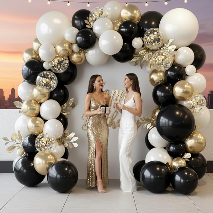 Black and Gold Balloon Arch Garland Kit 150pcs 2026 New Year's, Double Stuffed Pearl Sand White Black Chrome Gold Balloons Arch Kit for Graduation Father's Day Birthday Party Decoration