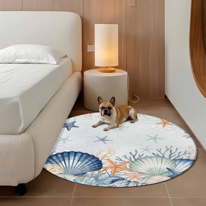 Washable Round Area Rug Underwater Shells Starfish on Blue Circle Rugs Floor Carpet for Living Room Bedroom, Colorful Coral Soft Non Slip Round Rug 3ft