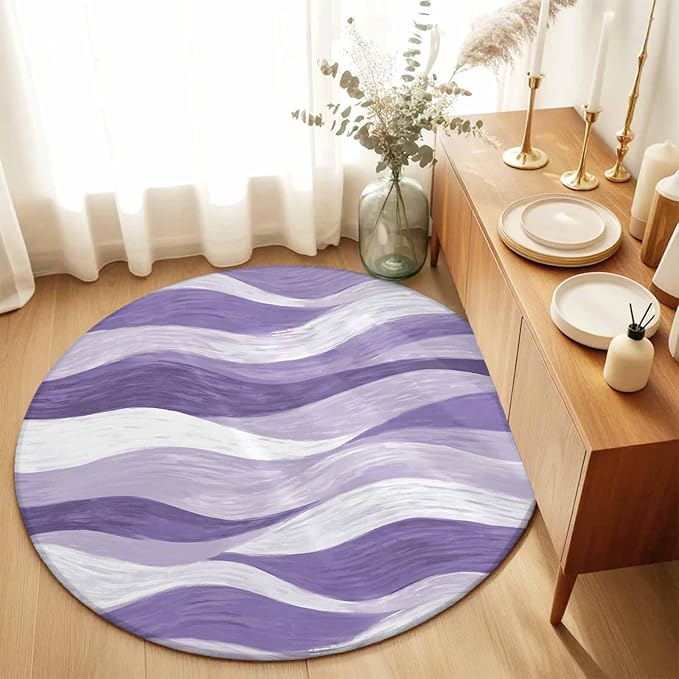 Washable Round Area Rug Abstract Lavender Purple White Water Ripples Circle Rugs Floor Carpet for Living Room Bedroom, Modern Art Soft Non Slip Round Rug 5ft