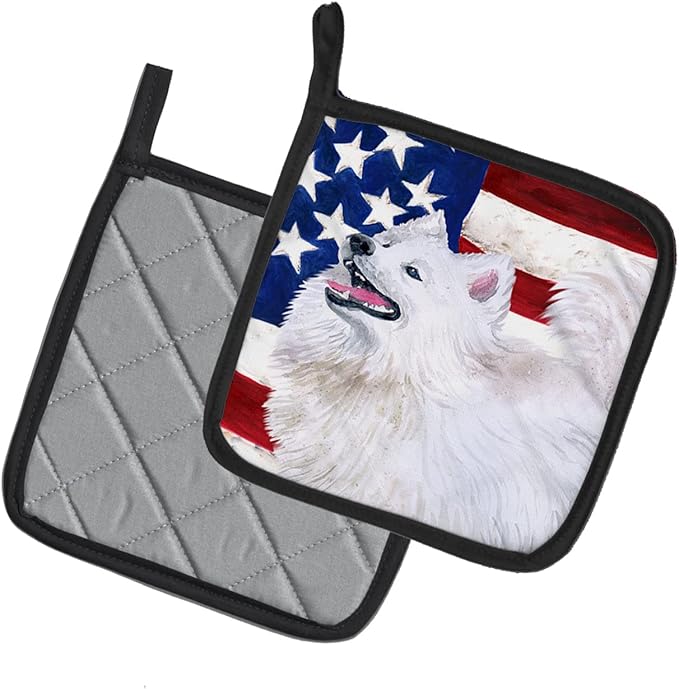 Caroline's Treasures BB9691PTHD Samoyed Patriotic Pair of Pot Holders Kitchen Heat Resistant Pot Holders Sets Oven Hot Pads for Cooking Baking BBQ, 7 1/2 x 7 1/2