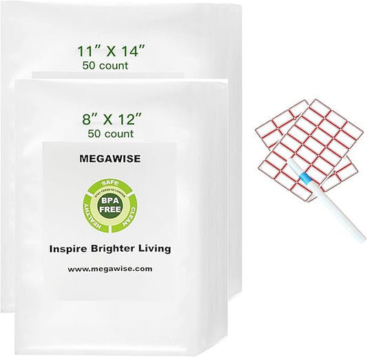 MEGAWISE Vacuum Sealer Bags Set with Labels & Marker, 100 Bags (50pcs 11"×14" + 50pcs 8"×12"), BPA-Free Food Storage Bags for All Vacuum Sealers, Ideal for Meal Prep, Freezer Storage & Sous Vide