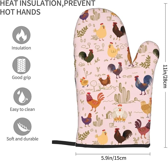 Chicken Pattern Oven Mitts of 2-Pack Set, Funny Kitchen Gloves Heat Resistant Non-Slip Kitchen Mitts Safe Cooking Baking Grilling