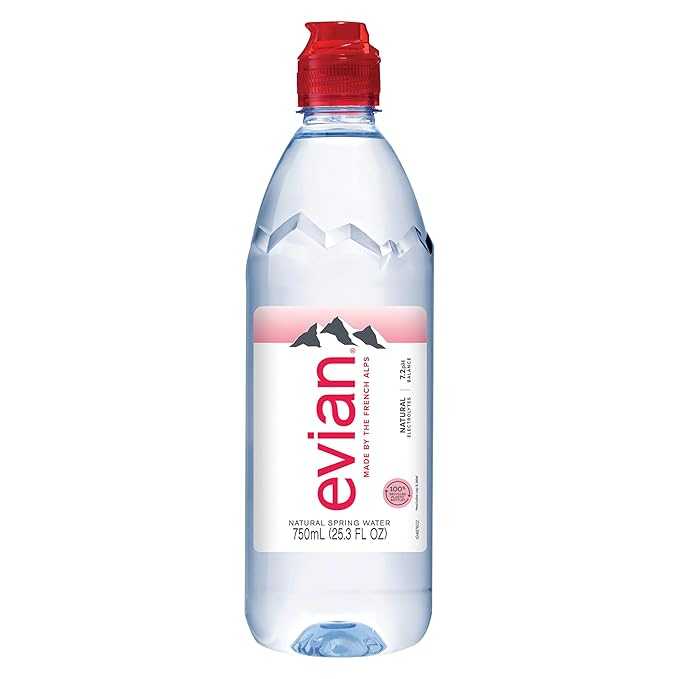 evian Natural Spring Water, 750 ml (25.36 fluid ounce) Water Bottle with Sports Cap, 12 Pack