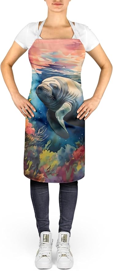 Caroline's Treasures Manatee Apron Cooking Kitchen Server Baking Crafts Gardening for Adult Women Men, Unisex, Large, Multicolor