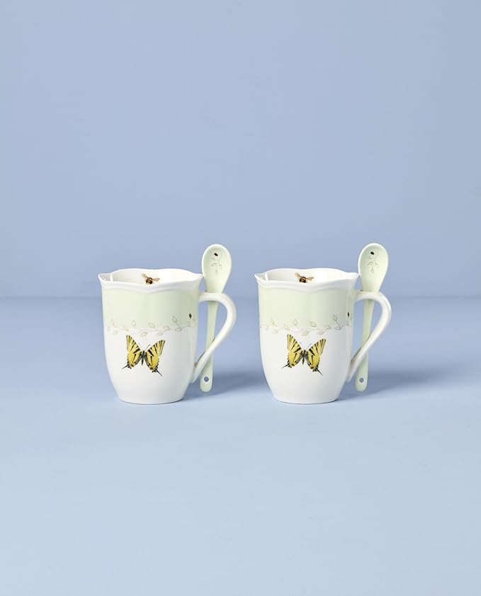 Lenox 897802 Butterfly Meadow Color Mugs With Spoons, Set Of 2, Green