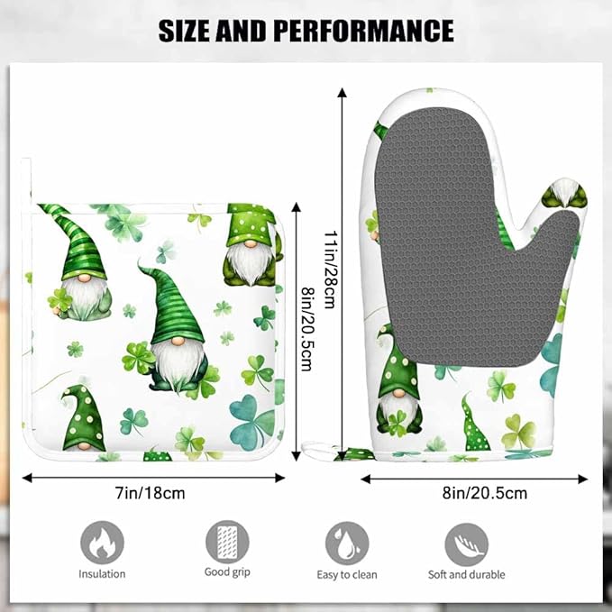 Mxocom Lucky Clover Leaves Oven Mitt and Pot Holder with Silicone St Patrick Day Gnomes Green Hat Watercolor Cartoon Dwarf Plant Heat Resistant Kitchen for Cooking BBQ Baking Grilling Spring