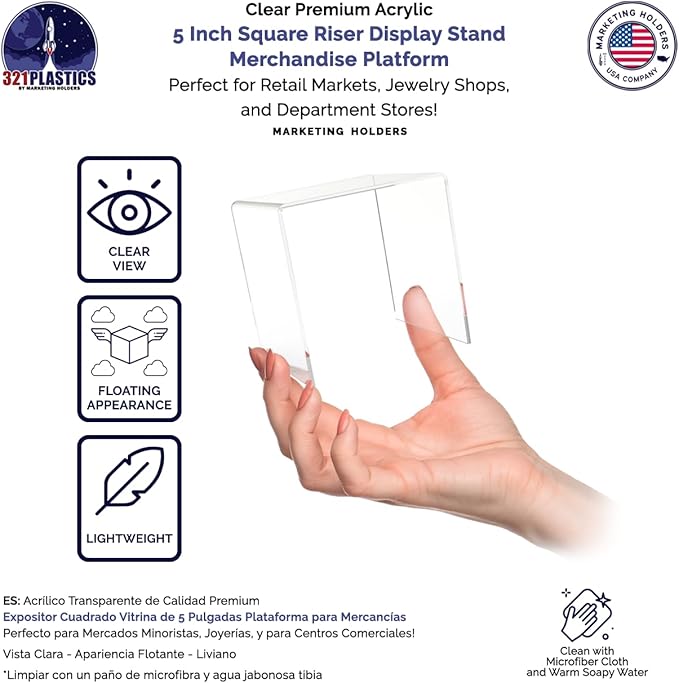 Marketing Holders Clear Acrylic Riser Square 5" Merchandise Display for Countertops in Retail Stores