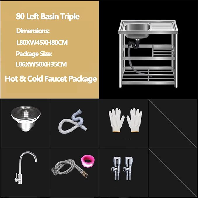 Single Bowl Stainless Steel Sink,Commercial Restaurant Kitchen Sink Drainer Kitchen Restaurant Storage Shelf with Faucet Combo with Strainer for Laundry Garage Commercial Indoor Outdoor