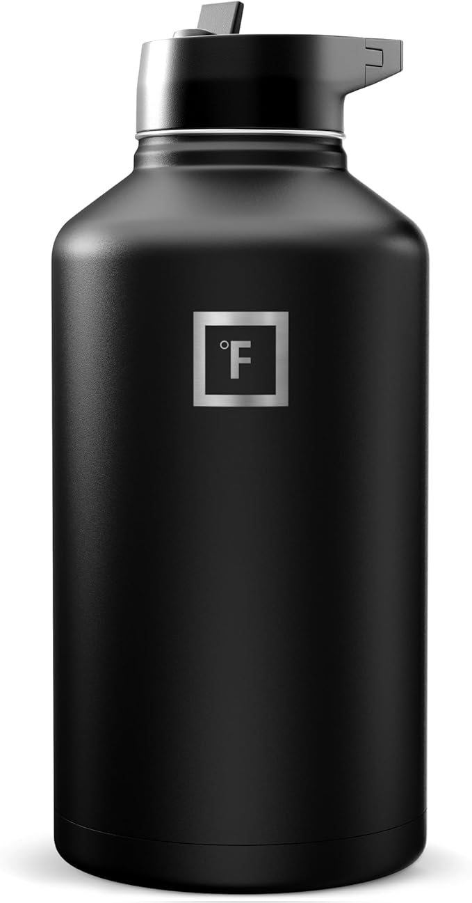IRON °FLASK Camping & Hiking Hydration Flask with Straw, Wide Mouth Insulated Stainless Steel Sports Water Bottle - Midnight Black 64 oz - Straw (1 Lid)