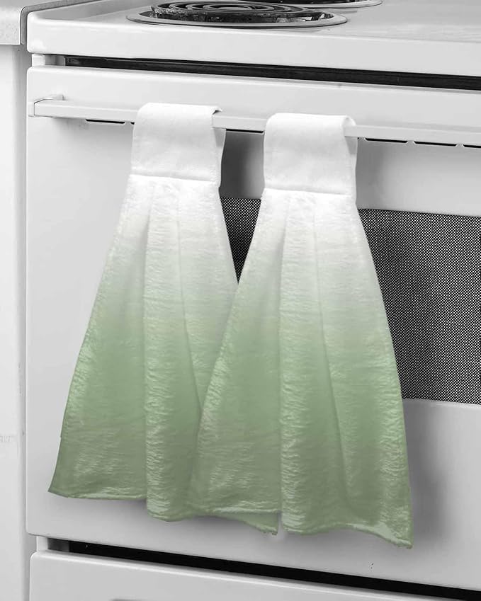 Alandar Home Kitchen Tie Towel Set of 2, Sage Green White Color Gradient Absorbent Soft Hand Towels for Bathroom Hanging Towels, Minimalist Ombre Art Fast Drying Cleaning Cloth with Loop