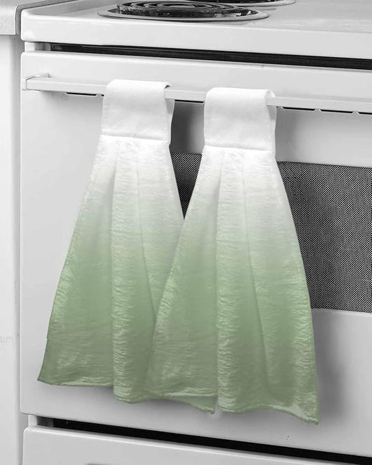 Alandar Home Kitchen Tie Towel Set of 2, Sage Green White Color Gradient Absorbent Soft Hand Towels for Bathroom Hanging Towels, Minimalist Ombre Art Fast Drying Cleaning Cloth with Loop