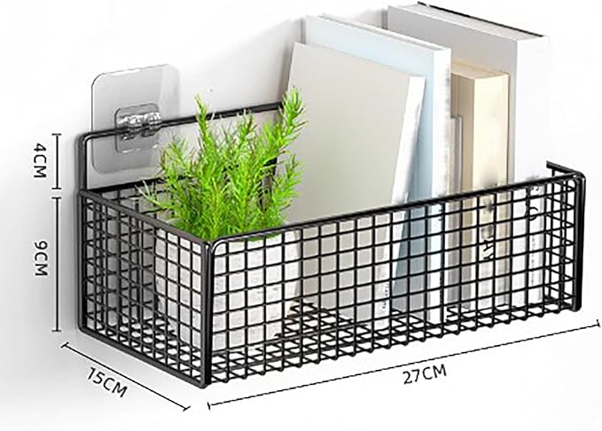 Hanging Wall Basket, Wall Storage Basket for Organizing No Drilling Carbon Steel for Bathroom Living Room Bedroom Kitchen 10.6x5.9x3.5in Black