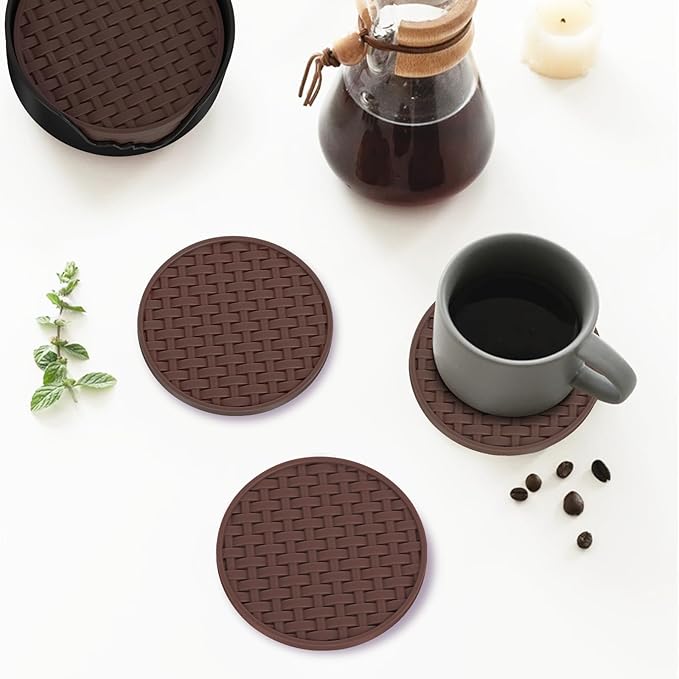 Brown Round Silicone Coasters with Holder, 4 Inch Non-Slip Heat-Resistant & Waterproof Cup Mats, Decorative Drink Coaster Set of 6 for Home, Office, Kitchen, Coffee Bar Table