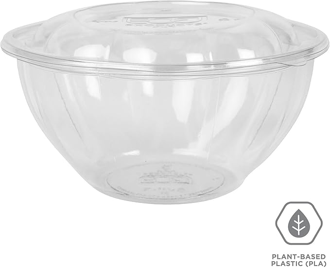 ECO PRODUCTS Compostable Clear PLA Plastic 32oz Salad Bowl With Lid, Case of 150, Grab 'n' Go Round Cold Takeout Food Containers, Renewable Plant-Based, Disposable, ASTM Compliant, BPI-Certified