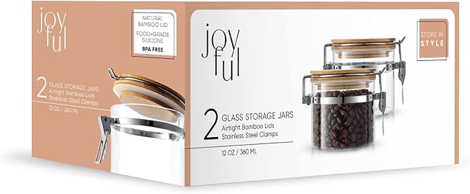 JoyJolt Glass Jars With Bamboo Lids (12 fl oz). 2PC Set of Airtight Storage Jars with Clamp Lids for Pantry Food Storage. Air Tight Sealable Glass Canisters Containers for Kitchen Organization