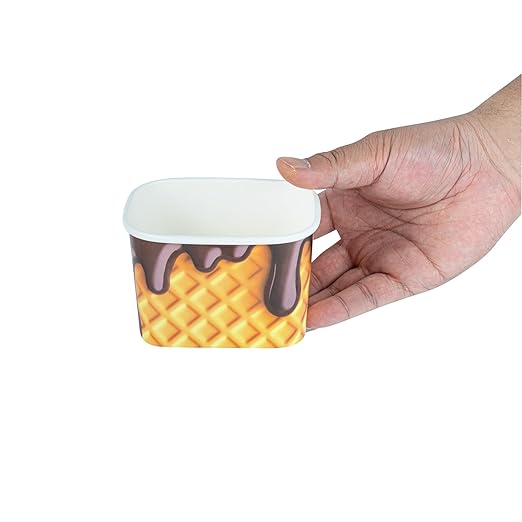 Restaurantware Paper Cups 200 Count 12 Ounce Square Disposable Ice Cream Containers, Leak-Resistant Paper Dessert To Go Cups, Hot And Cold Food, Durable Chocolate Drizzle Design