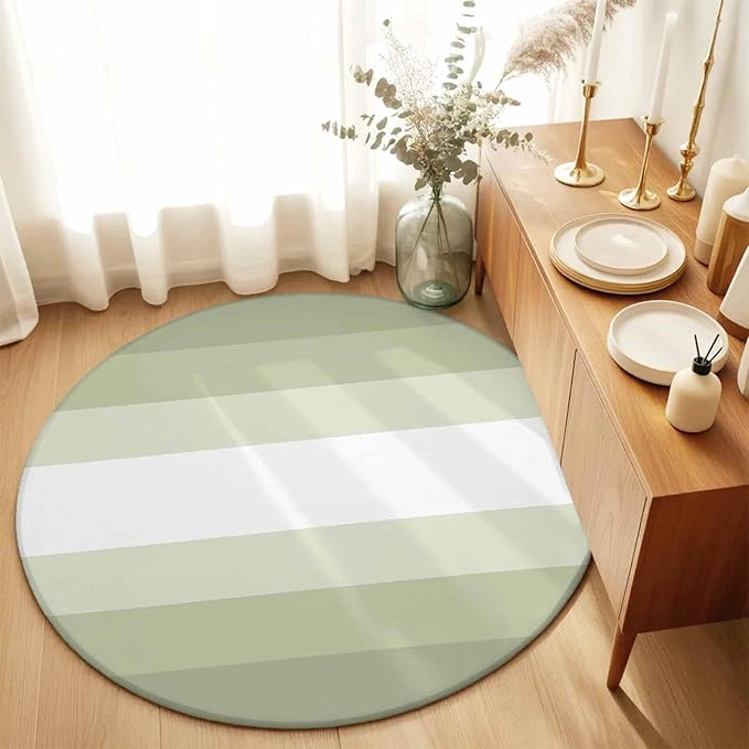 Washable Round Area Rug Modern Sage Green Gradient Style Circle Rugs Floor Carpet for Living Room Bedroom, Farmhouse Ombre Stripe Soft Non Slip Round Rug 5ft