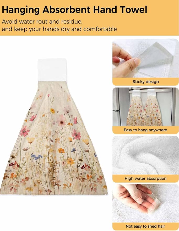 Alandar Home Kitchen Tie Towel Set of 1, Watercolor Natural Flower Art Absorbent Soft Hand Towels for Bathroom Hanging Towels, Retro Floral Leaves on Burlap Fast Drying Cleaning Cloth with Loop